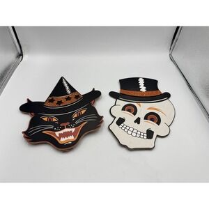 Vintage Retro Style BLACK CAT & SKULL Halloween Decor Witch Hat  & Top Hat